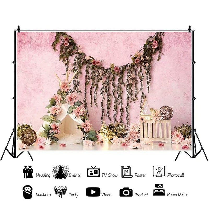 DASHAN 7x5ft Polyester Pink Flowers Photo Backdrop Girls Floral Photography Backdrop Birthday Interior Background Party YouTube Photo Props Pink Flowers Girl Tapestry - Image 5